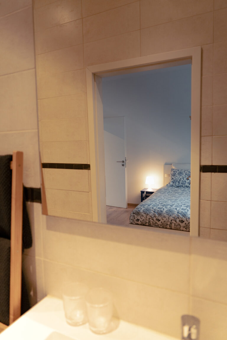 vue du miroir de la salle de bain de l'appartement Lyves 4, situé au 1er étage du 8 Rue Dossin à Liège (4000) en Belgique