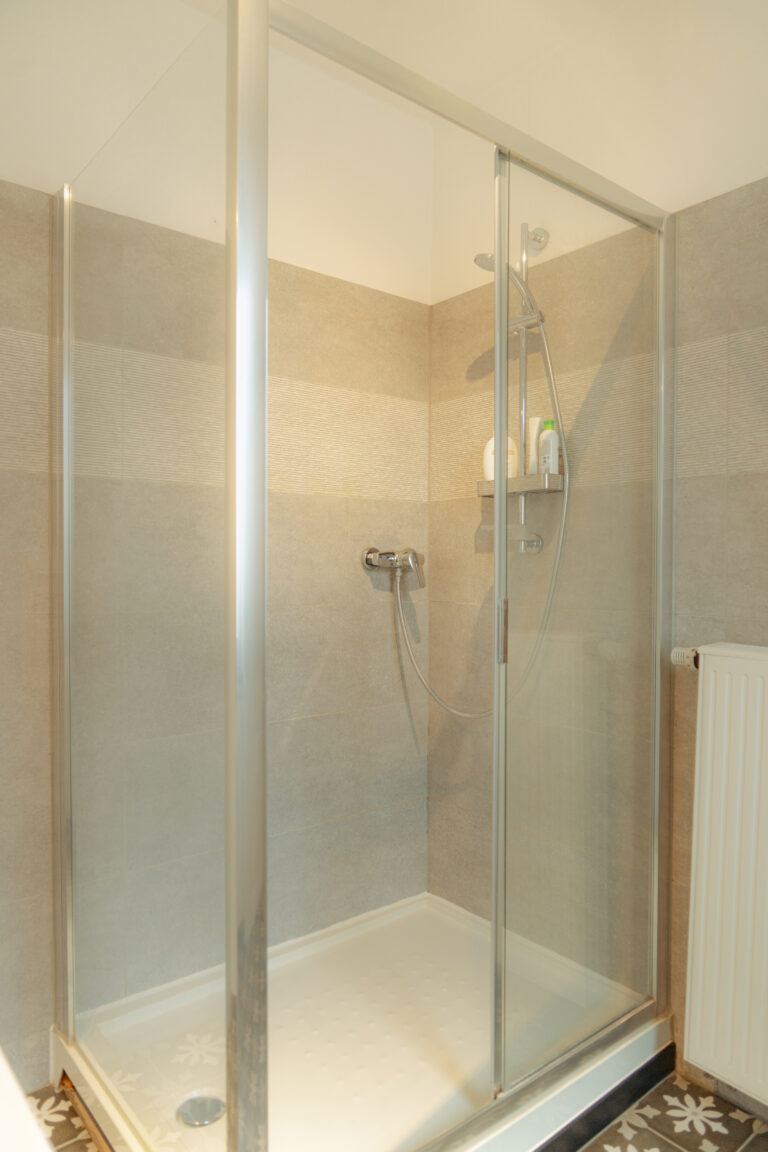 Vue de la douche dans la salle de bain de l'appartement Lyves 2, situé au 1er étage du 50 Rue Dossin à Liège (4000) en Belgique